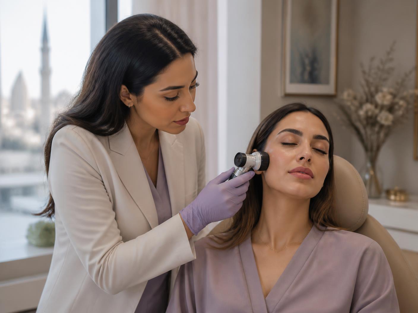 Dermatologist examining skin with a dermatoscope