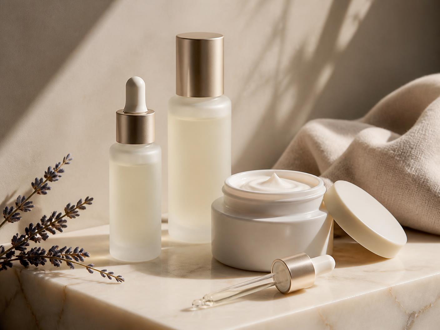 Medical-grade skincare products on a clinic shelf