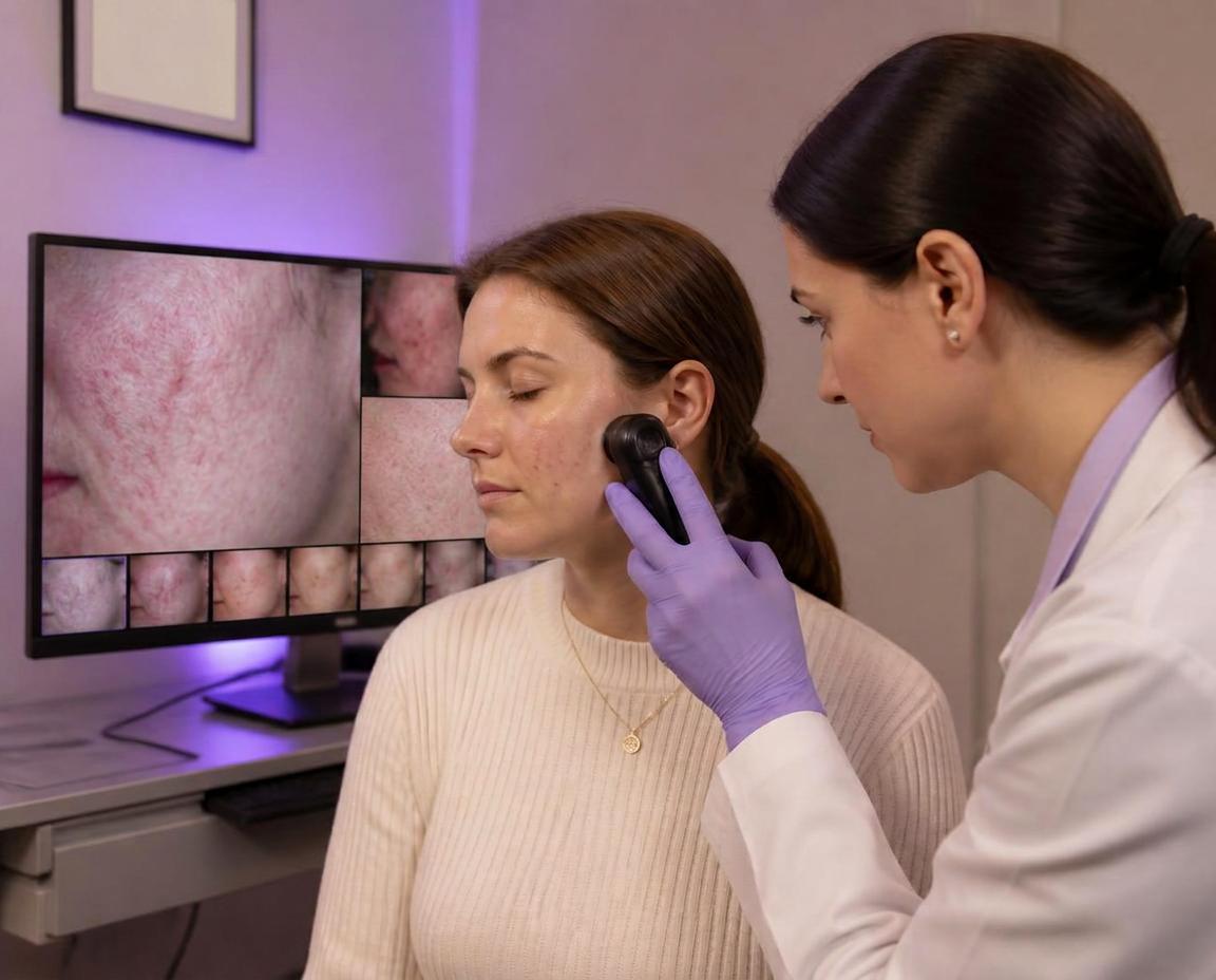 A physician examining a patient's skin with a dermatoscope beside an analysis screen