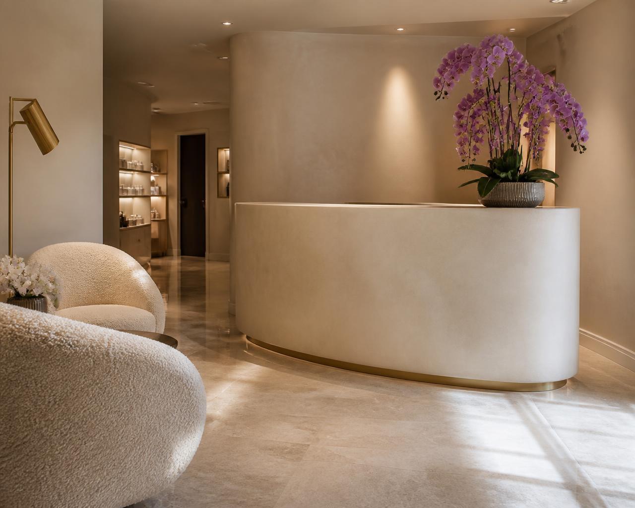 The reception lounge of New Me Clinic with curved plaster desk and orchids