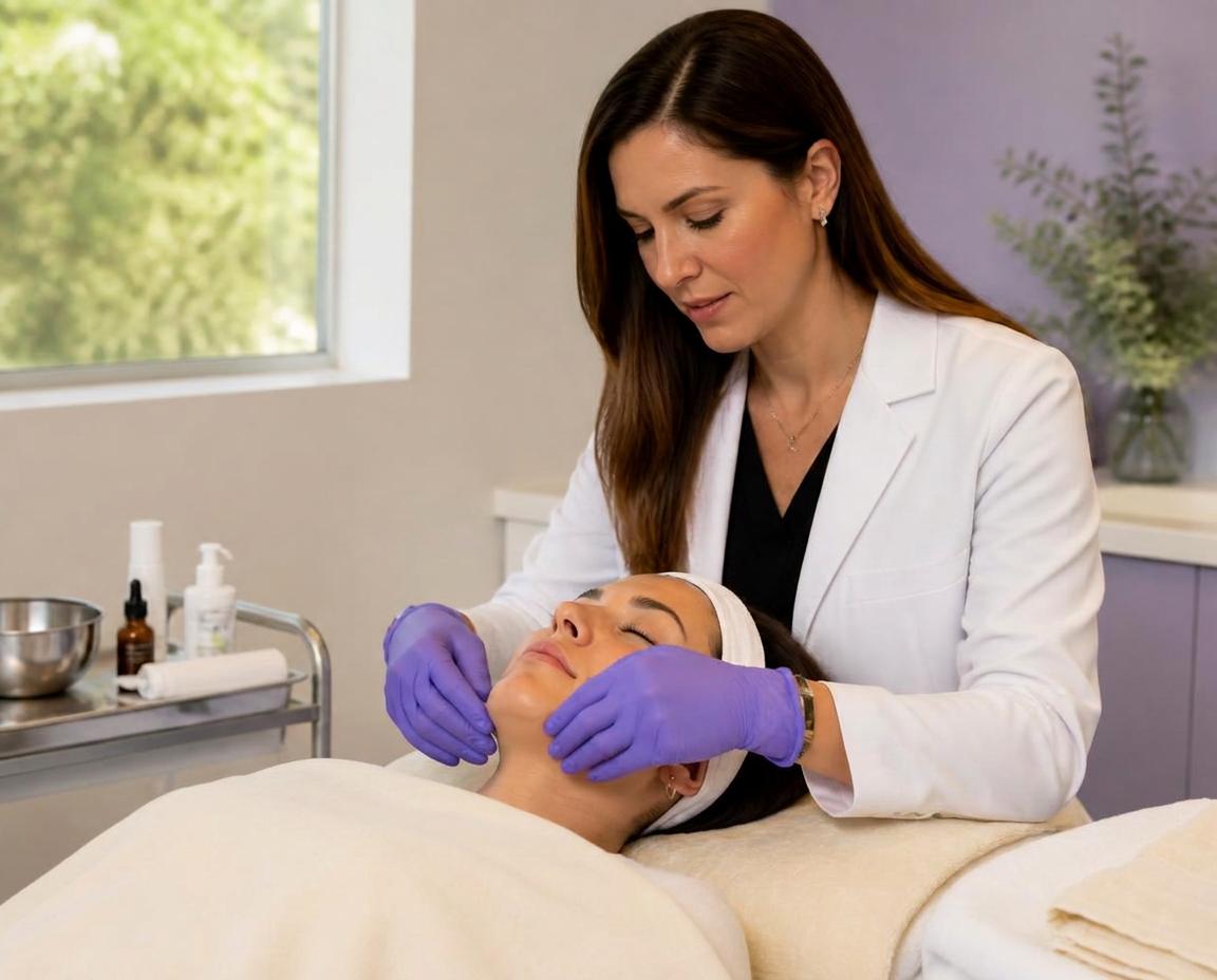 A physician performing a facial treatment in a private clinic suite