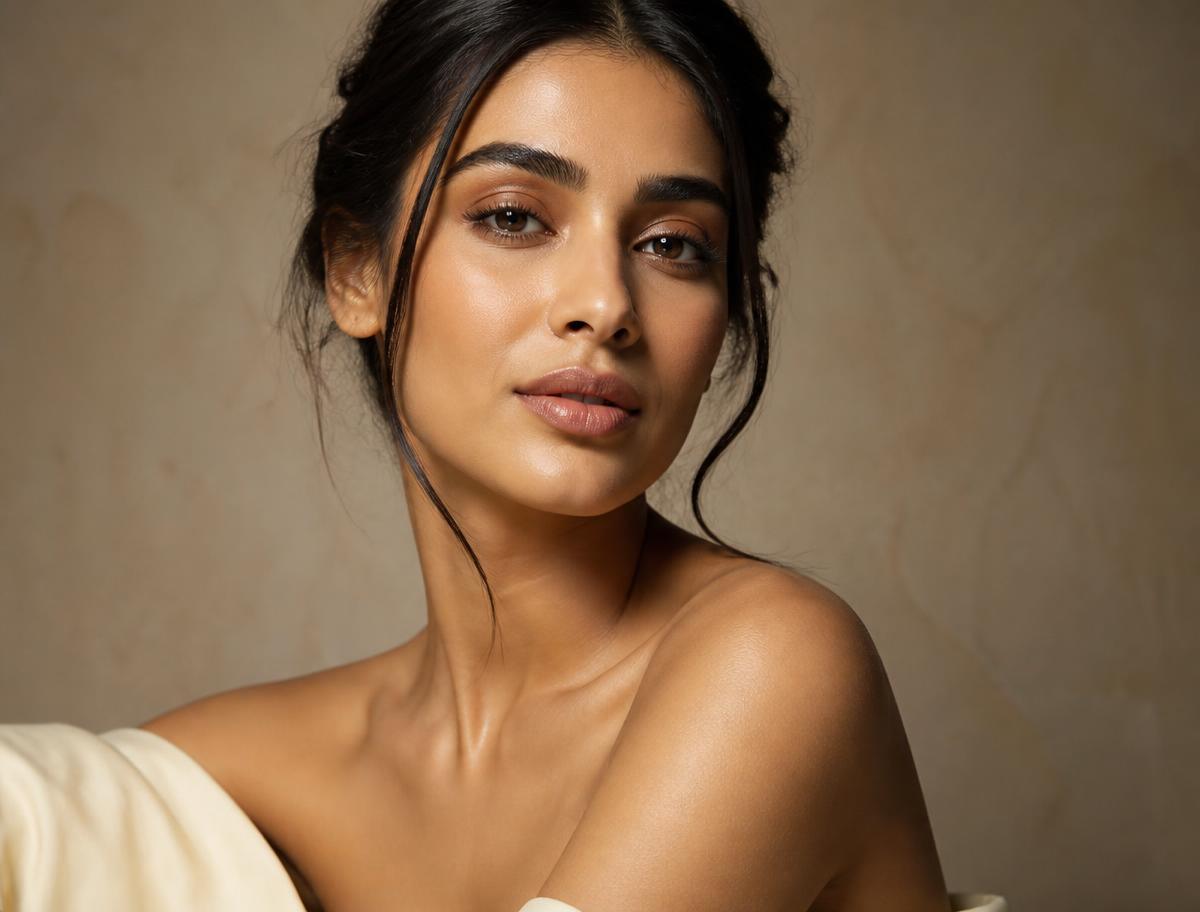 Close-up profile of a woman with warm olive skin in soft natural light